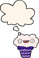 cartoon cupcake with thought bubble in comic book style