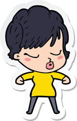 sticker of a cartoon woman with eyes shut