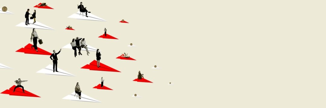 Direction to professional success. Group of employees flying on paper planes, moving forward to growth and promotion. Contemporary art collage. Concept of corporate culture, business, teamwork