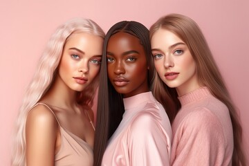 Portrait of three young multiracial women standing together and looking to the camera isolated over a pastel background