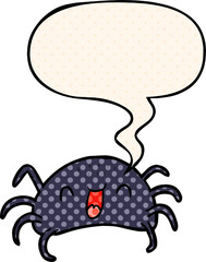 cartoon halloween spider with speech bubble in comic book style
