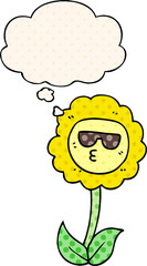 cartoon flower with thought bubble in comic book style