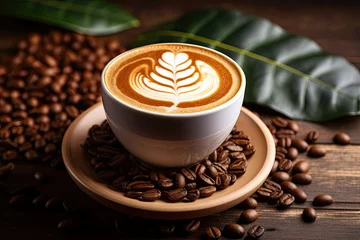 Photo sur Plexiglas Café Cup of coffee latte with latte art and coffee beans on a wooden table with copy space, drinks in the morning, time for relax concept.