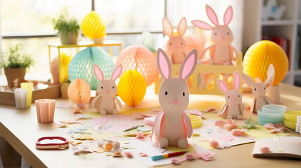 Easter Crafts Making, Colorful Paper Flowers and Bunny Cutouts - obrazy, fototapety, plakaty