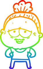 rainbow gradient line drawing of a cartoon happy old lady