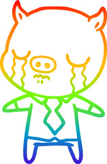 rainbow gradient line drawing of a cartoon pig crying wearing shirt and tie