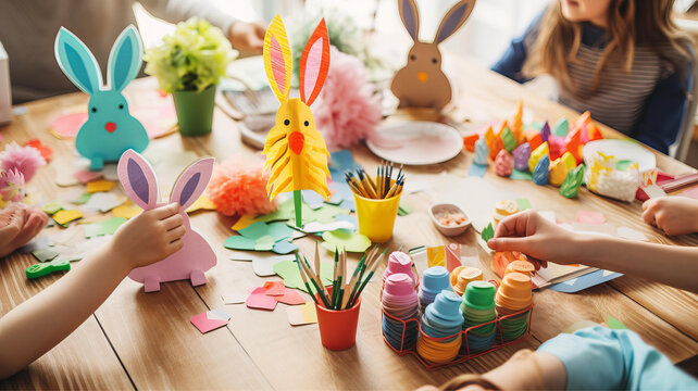 Easter Crafts Making, Colorful Paper Flowers and Bunny Cutouts