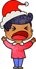 hand drawn textured cartoon of a shouting man wearing santa hat