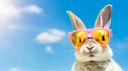 Eastern Bunny with Sunglasses Against Blue Sky