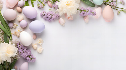 Fototapeta na wymiar Easter Floral Frame with Pastel Eggs and White Flowers