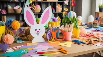 Easter Crafts Making, Colorful Paper Flowers and Bunny Cutouts - obrazy, fototapety, plakaty