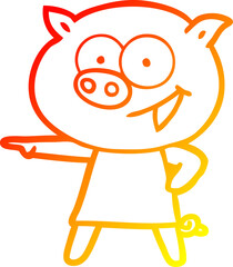 warm gradient line drawing of a cheerful pig in dress pointing cartoon