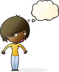 cartoon woman shrugging with thought bubble