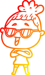warm gradient line drawing of a cartoon happy woman wearing spectacles