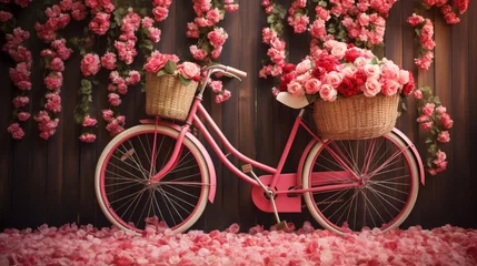 Papier Peint photo autocollant Vélo A vintage bicycle with a basket filled with red and pink flowers.