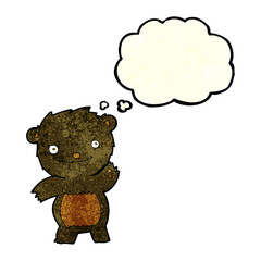 cartoon waving black bear cub with thought bubble