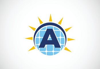 English alphabet A with solar panel and sun sign. Sun solar energy logo vector illustration