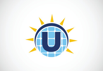 English alphabet U with solar panel and sun sign. Sun solar energy logo vector illustration