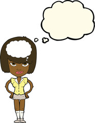 cartoon woman thinking with thought bubble