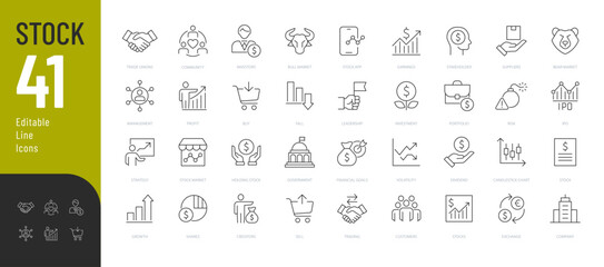 Stock Line Editable Icons set. Vector illustration in modern thin line style of finance related icons: currency exchange, trading, profit, shareholder, types of markets and charts.  - obrazy, fototapety, plakaty