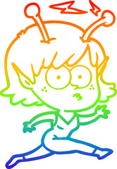 rainbow gradient line drawing of a cartoon alien girl