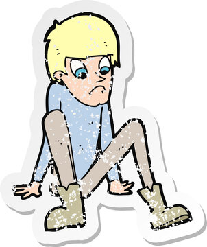 recommend clip art: retro distressed sticker of a cartoon boy sitting on floor