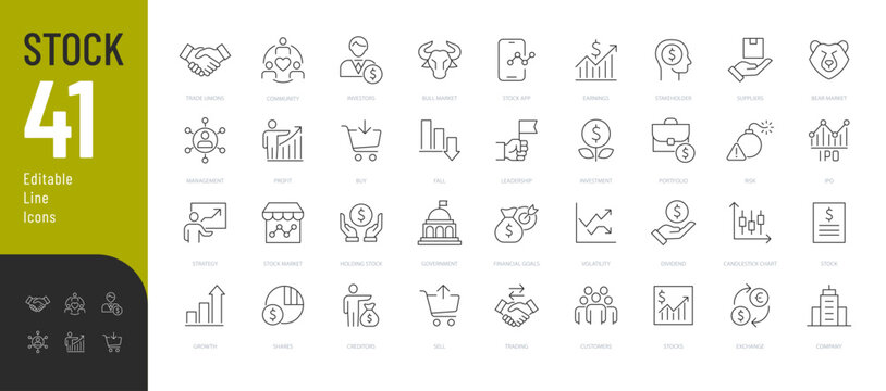 Stock Line Editable Icons set. Vector illustration in modern thin line style of finance related icons: currency exchange, trading, profit, shareholder, types of markets and charts. 