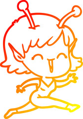 warm gradient line drawing of a cartoon alien girl laughing