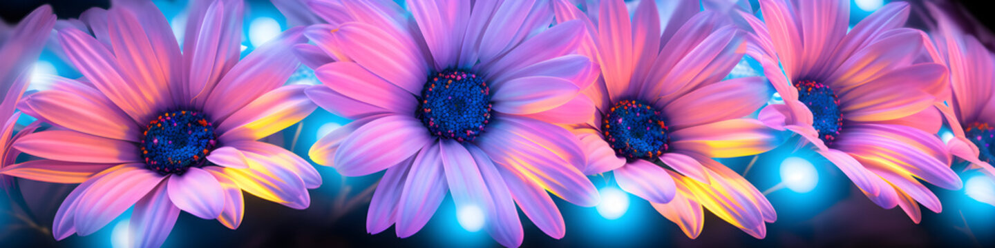artistic neon daisy flowers background banner