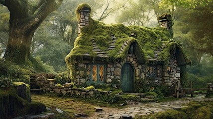 Wonderful stone cottage forest hobbit homes pictures AI Generated art - obrazy, fototapety, plakaty