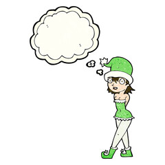 cartoon woman in christmas elf costume with thought bubble