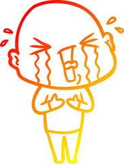 warm gradient line drawing of a cartoon crying bald man