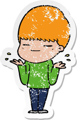 distressed sticker of a cartoon smug boy