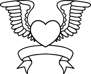 traditional black linework tattoo with banner of a heart with wings