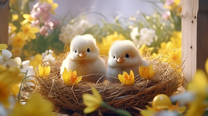 Easter background for banner with chickens, Easter eggs and flowers