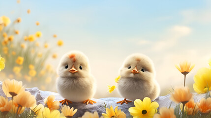 Easter background for banner with chickens, Easter eggs and flowers