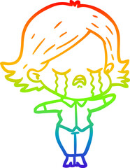 rainbow gradient line drawing of a cartoon girl crying