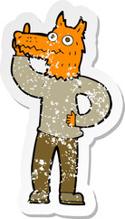 retro distressed sticker of a cartoon fox man with idea