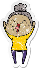 distressed sticker of a cartoon happy old woman