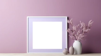 White photo frame mockup on lilac purple wall background, blank poster template. Minimalistic interior table vase with flowers decor