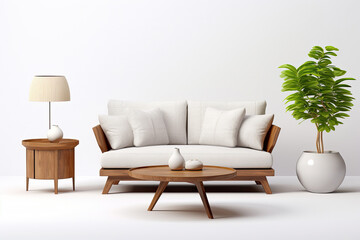 Living room interior in cozy Scandinavian and modern style decoration with sofa, wooden table and plant with empty wall copy space for mock up, minimal decor design concept.