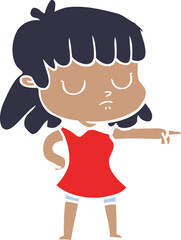 flat color style cartoon indifferent woman pointing