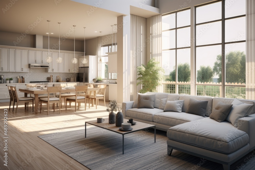 Poster a well-furnished living room with a spacious window, creating a warm and inviting atmosphere. perfec