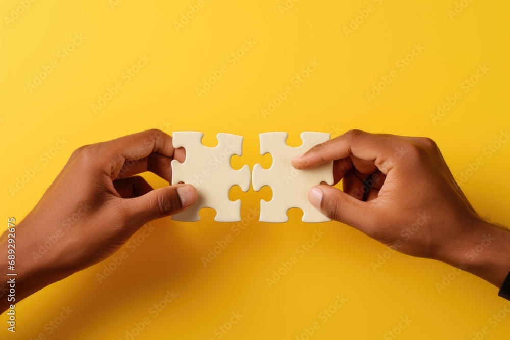 Aufkleber Two hands holding two pieces of a puzzle. Can be used to represent teamwork, problem-solving, or collaboration.