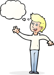cartoon man waving with thought bubble