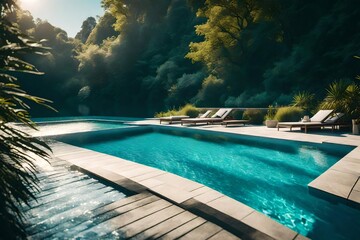 An outdoor swimming pool with a stunning backdrop of the nature.