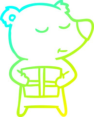 cold gradient line drawing of a happy cartoon polar bear with present