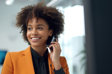 A woman wearing an orange jacket is engaged in a conversation on her cell phone. This image can be used to depict modern communication, technology, or staying connected - obrazy, fototapety, plakaty