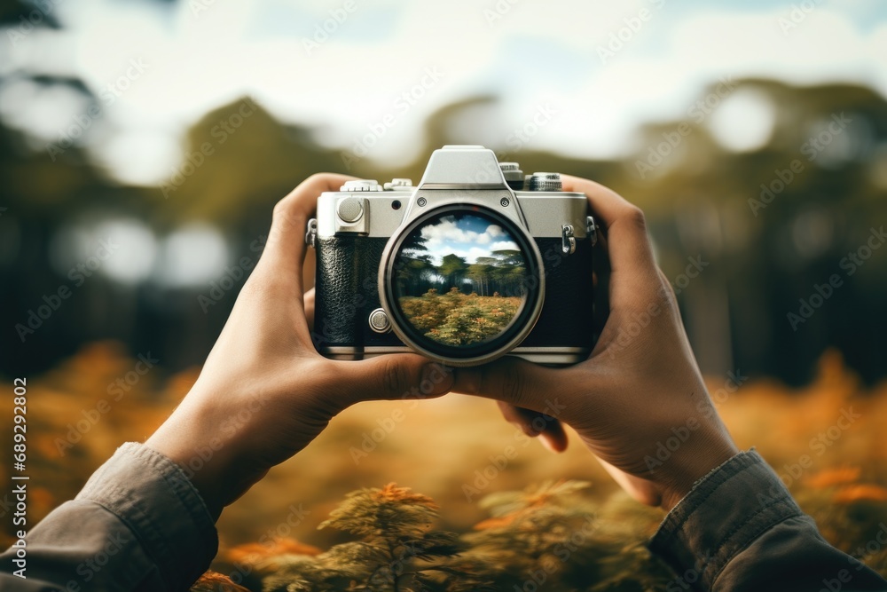 Poster A person capturing a moment with a camera. Suitable for various photography-related projects