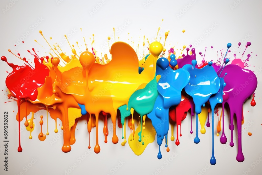 Poster A vibrant collection of paint splatters adorns a wall, adding a burst of color to any space. Perfect for artistic projects or creative backgrounds